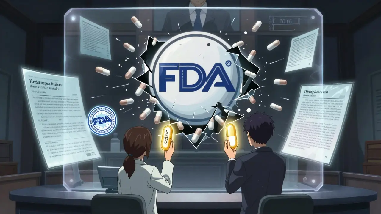 A shattered brand logo transforming into generic pills, with pharmacist and patient standing beneath glowing identical capsules.