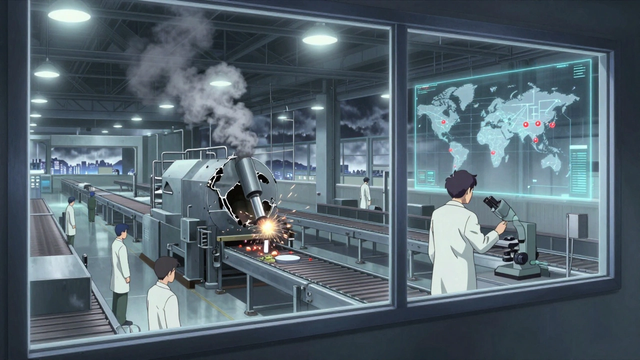 A sterile drug manufacturing facility in India with a broken machine spewing smoke, while an FDA inspector examines a contaminated sample through a microscope.