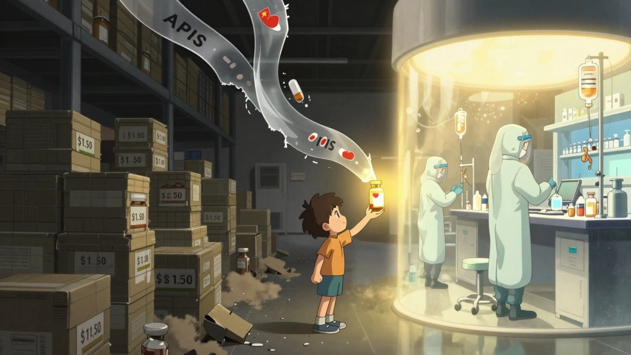 A symbolic split image: crumbling generic drug vials on one side, a glowing new lab on the other, with a child reaching toward hope.