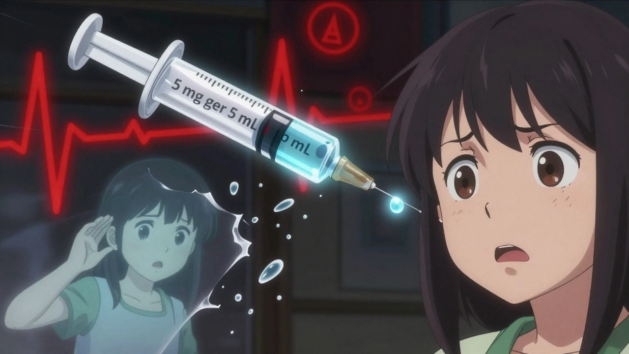 A syringe pours liquid medicine with glowing dosage numbers, while a mother watches in alarm.