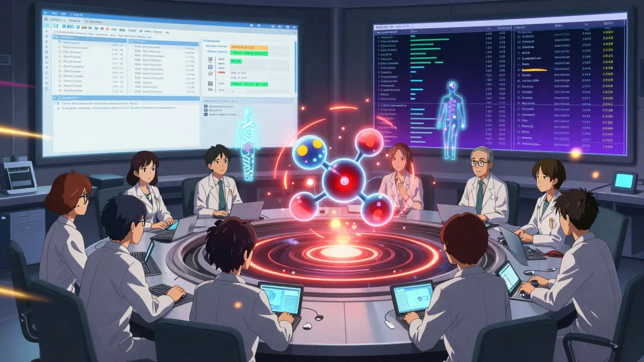 A team analyzes a holographic drug signal with patient data and real-time health records in a high-tech control room.