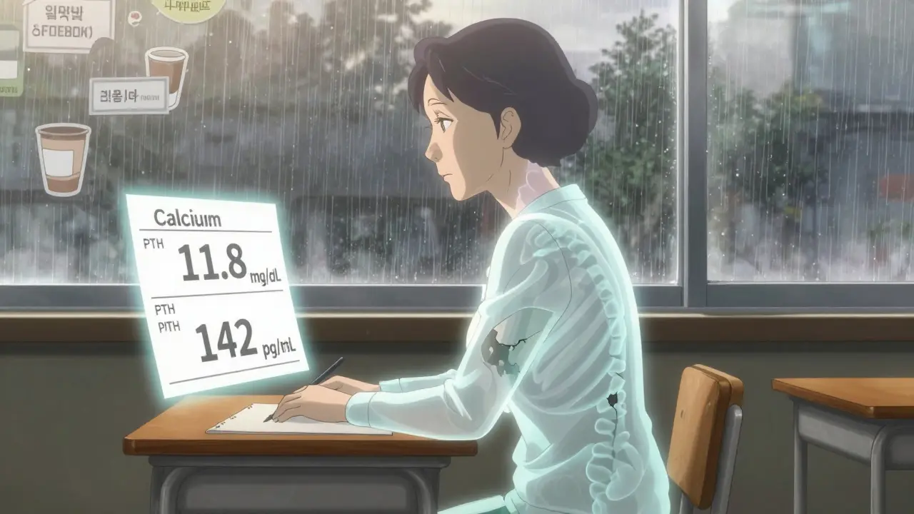 A tired woman with translucent skeleton visible, surrounded by floating medical data and fading memories.