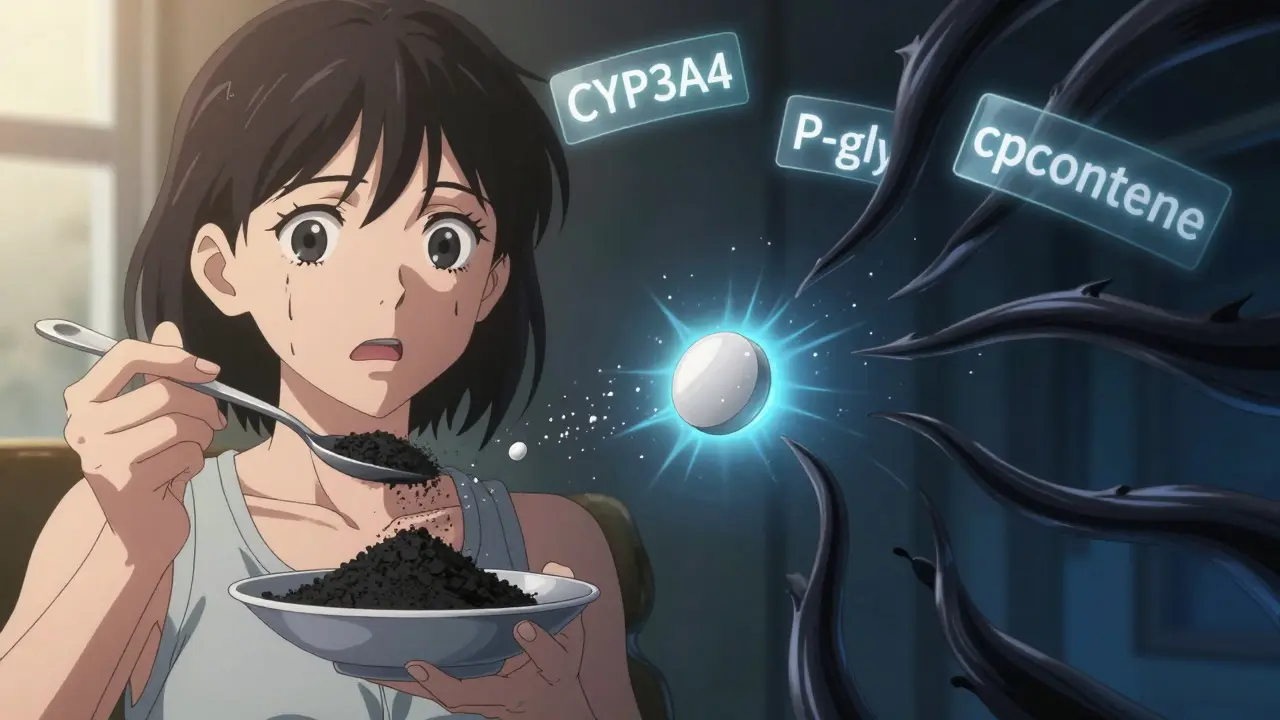 Activated charcoal absorbing birth control hormones in a dramatic split-screen scene.