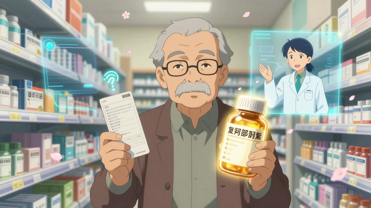 An elderly person compares two prescription labels, one large-print, as a holographic pharmacist appears nearby.