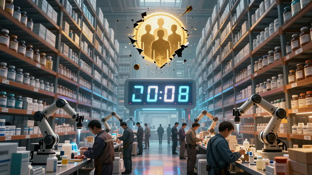 An endless warehouse of generic drugs being stockpiled by workers, with a rising symbol of multi-state cooperation defeating corporate decay.