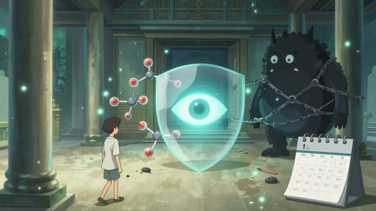 An internal temple where clean cells restore balance, guarded by molecular chains, while shadowy immune threats recede — symbolizing hydroxychloroquine's disease-modifying power.