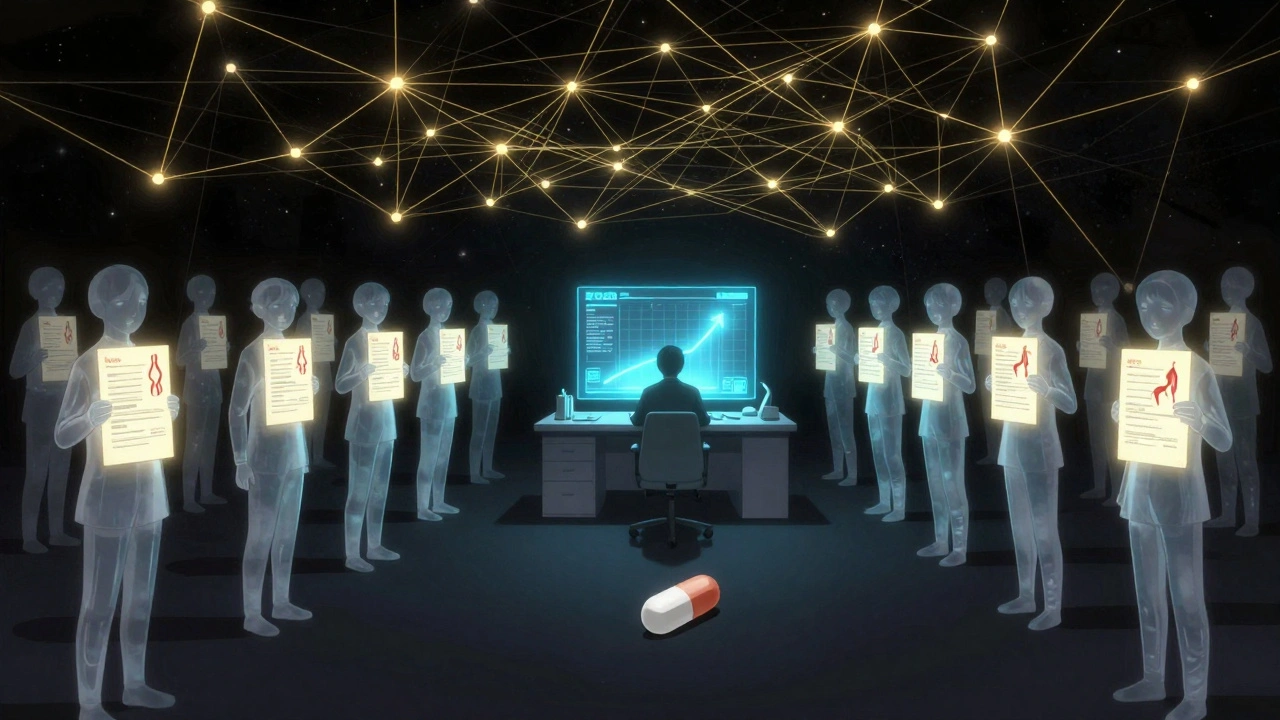 Countless patient reports forming a glowing web, with an FDA analyst monitoring a safety signal.