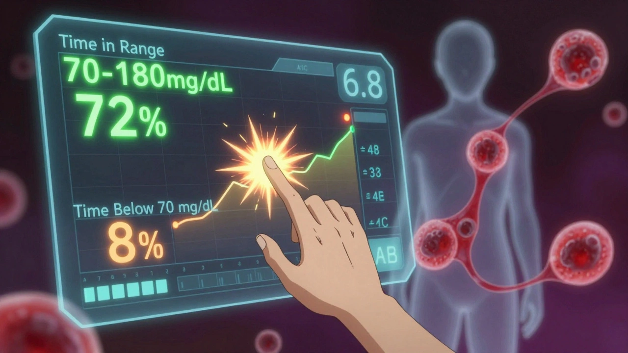 Futuristic CGM dashboard showing Time in Range, low blood sugar alerts, and faint A1C number in corner.