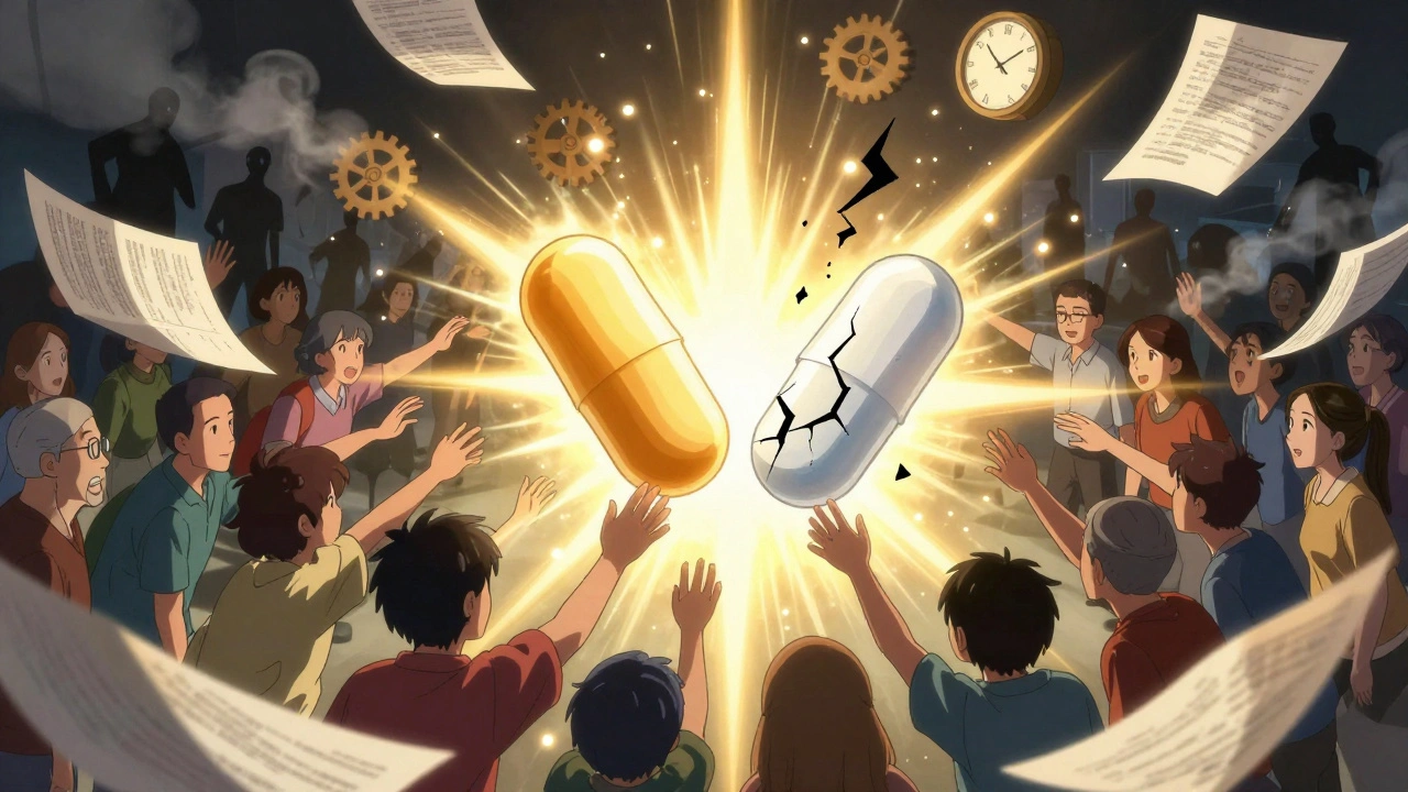 Golden brand pill battling a cracked generic pill, patients reaching for safety amid legal documents and clocks.