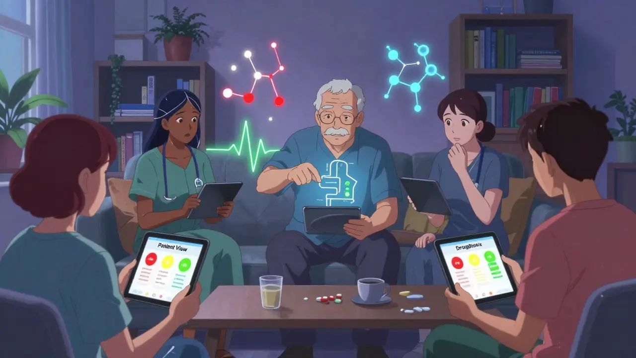 Group of patients interacting with color-coded drug interaction visuals in a cozy living room setting.