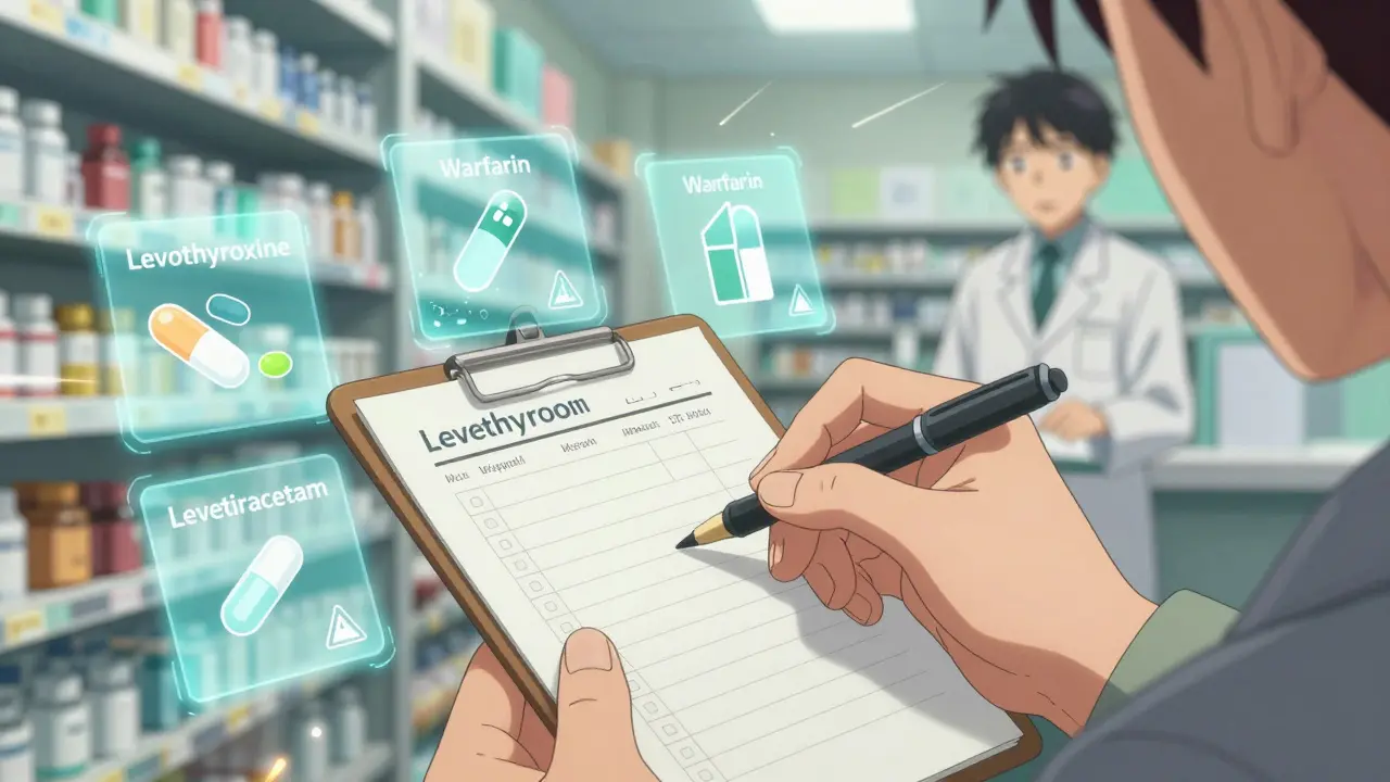Hand writing medication list with floating holographic drug icons in a pharmacy setting.