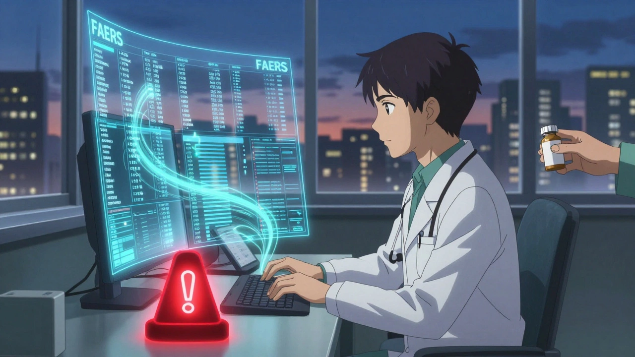 Healthcare provider submitting an adverse event report with digital data streams surrounding them.