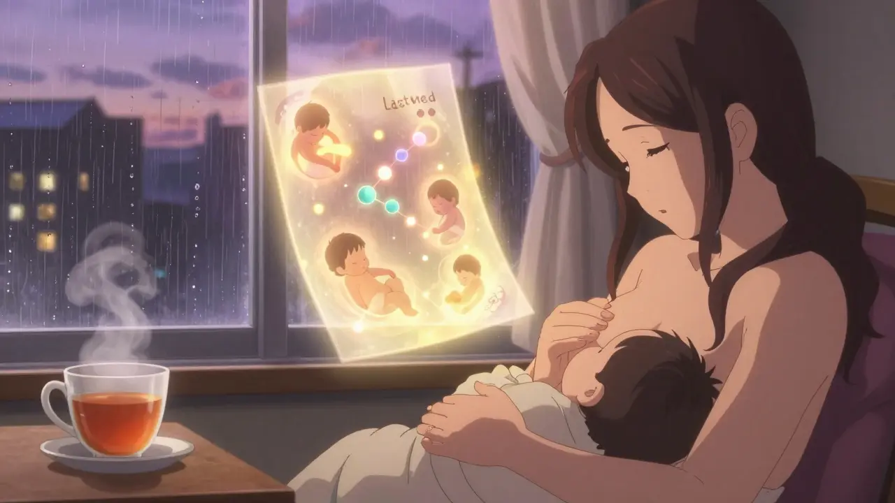 Mother breastfeeding as a luminous LactMed drug monograph glows softly above her and her sleeping baby.