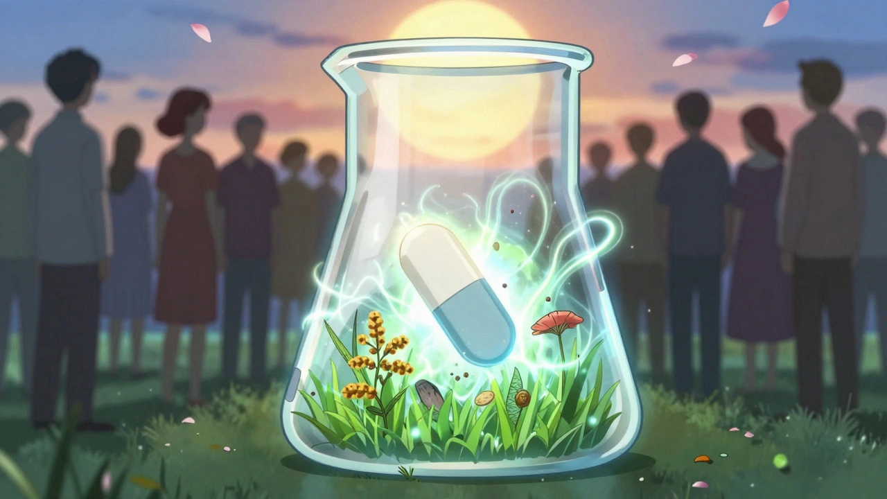 Multi-allergen tablet forming from pollen, dust, and dander particles in a glowing lab.