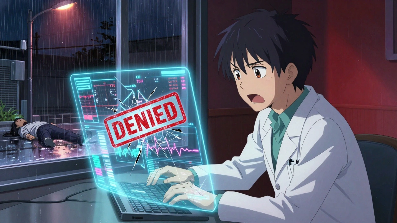 Neurologist typing medical data as a &#039;DENIED&#039; stamp cracks above, patient having seizure outside window.