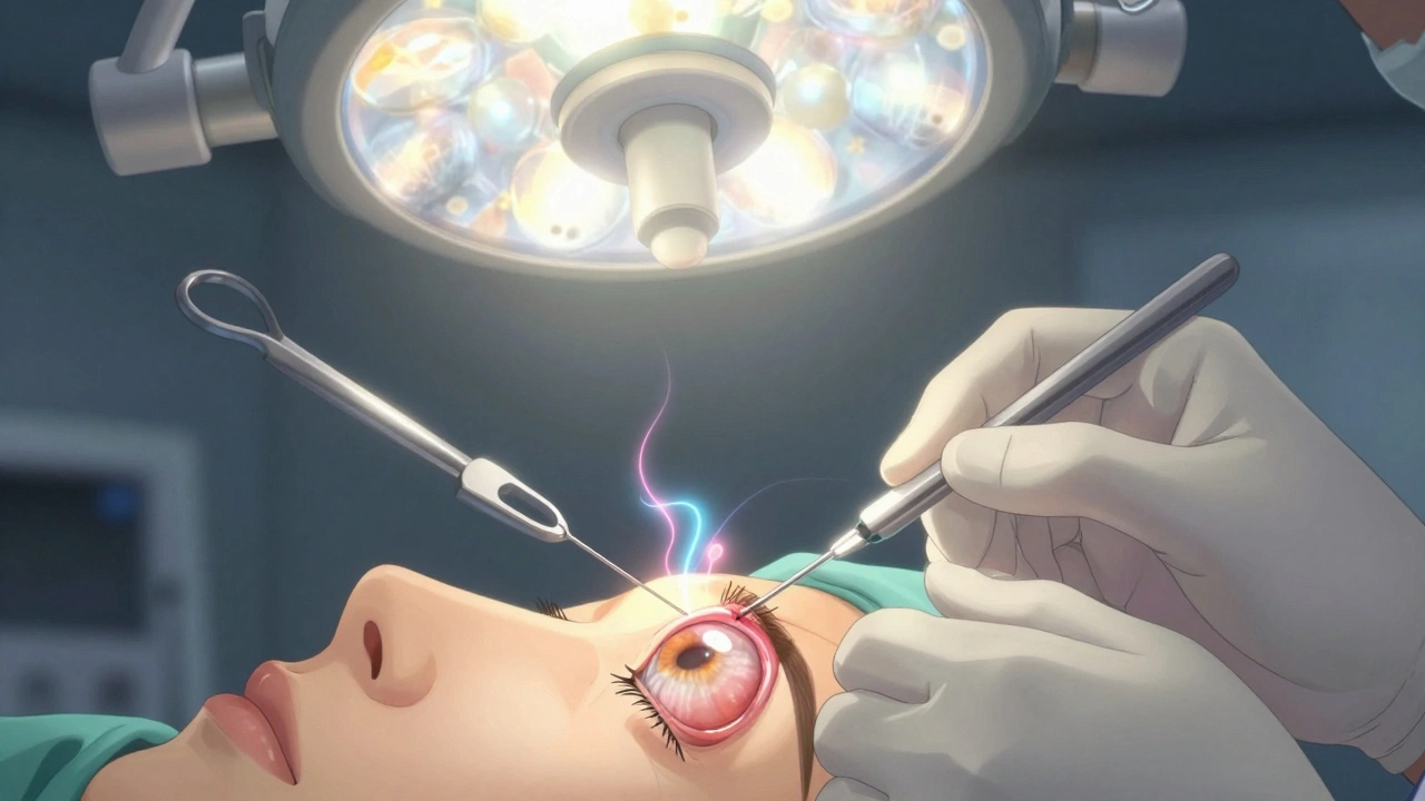 Ophthalmologist performing eye surgery with glowing tissue repair details