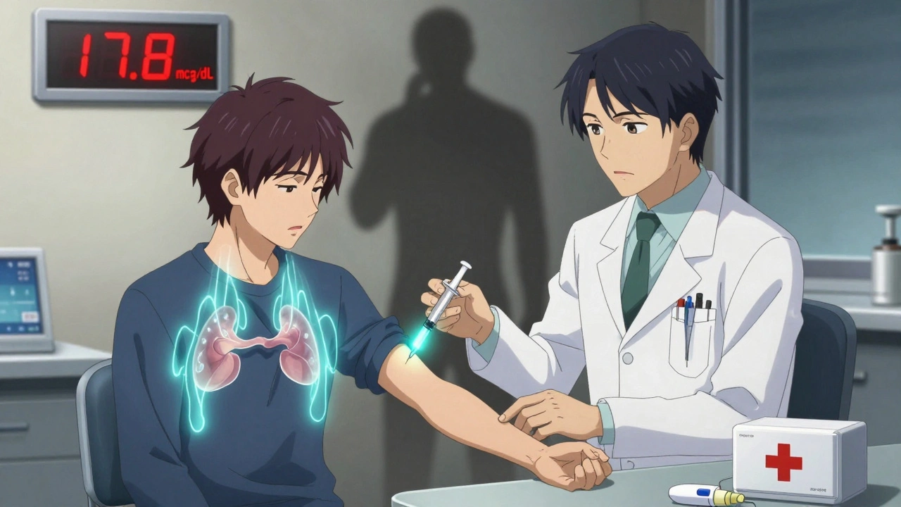 Patient receiving ACTH test with cortisol waves rising from adrenal glands, digital readout showing low cortisol level.