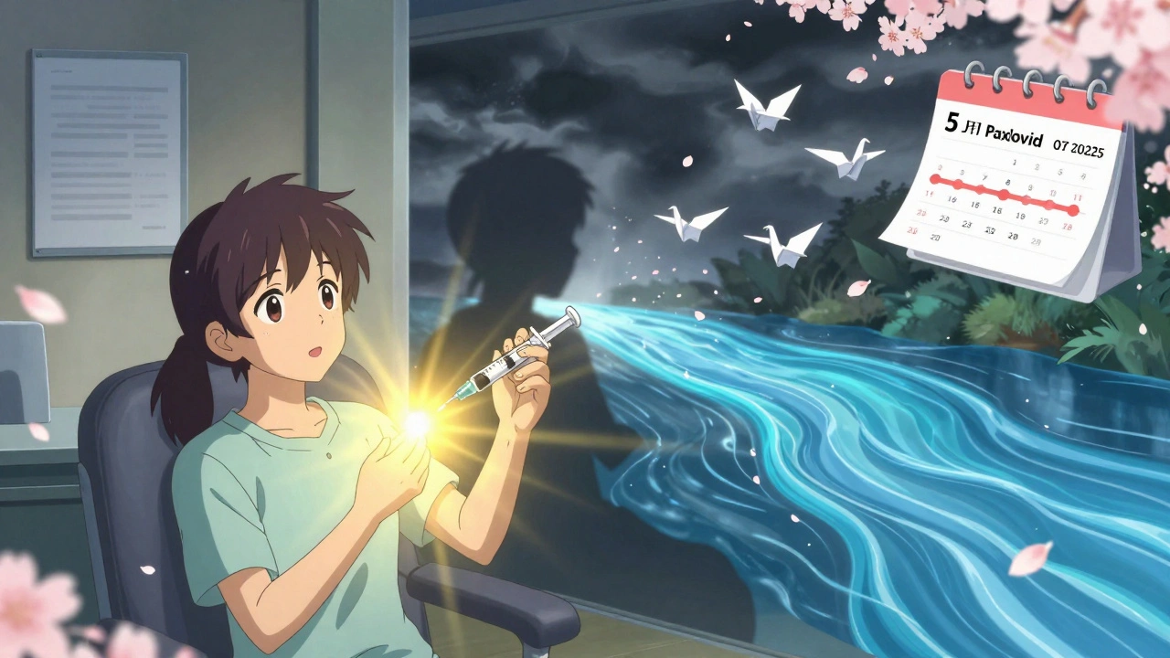 Patient receiving enoxaparin injection, golden light restoring blood flow, clotting storm fading behind them.