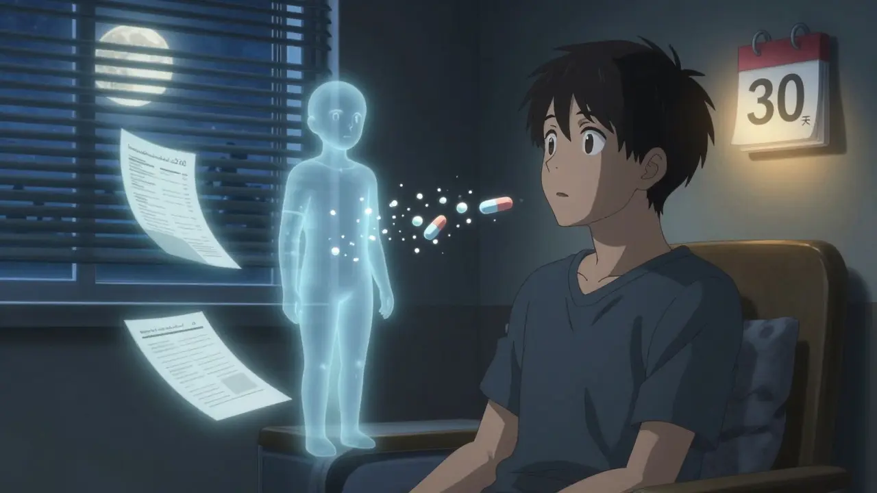 Patient seeing a spectral transformation of their generic pill into the brand version at night.