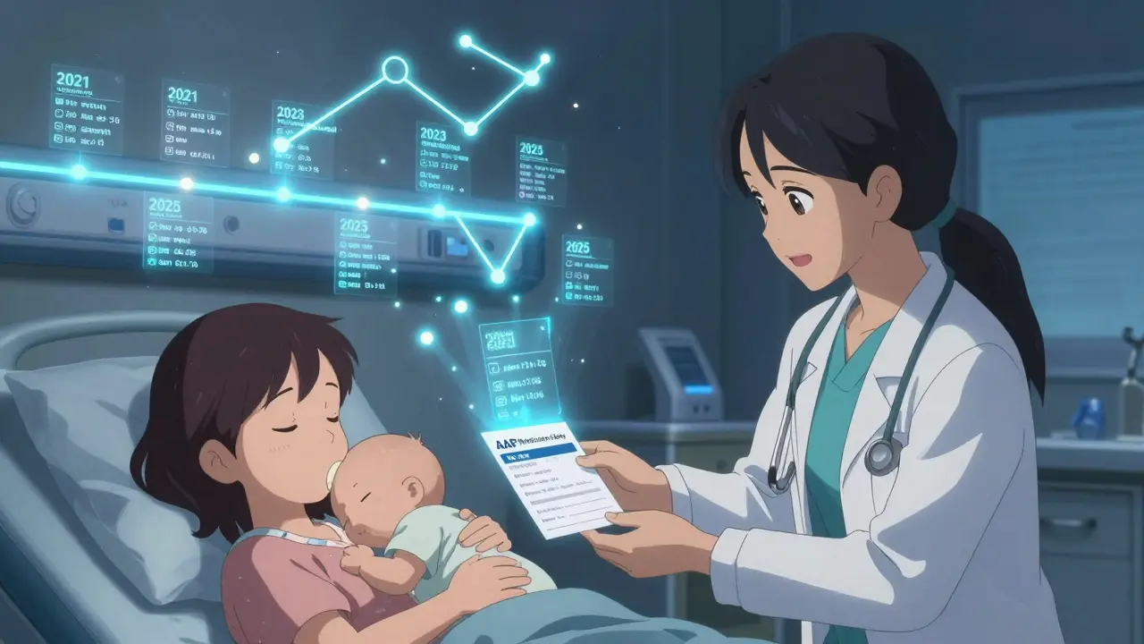 Pediatrician gives mother safety card while glowing medical timeline shines in background.