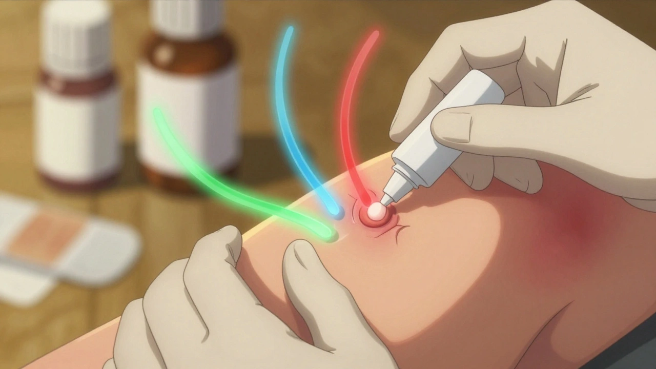 Person applying antibiotic ointment to a wound with colorful microbial filaments.
