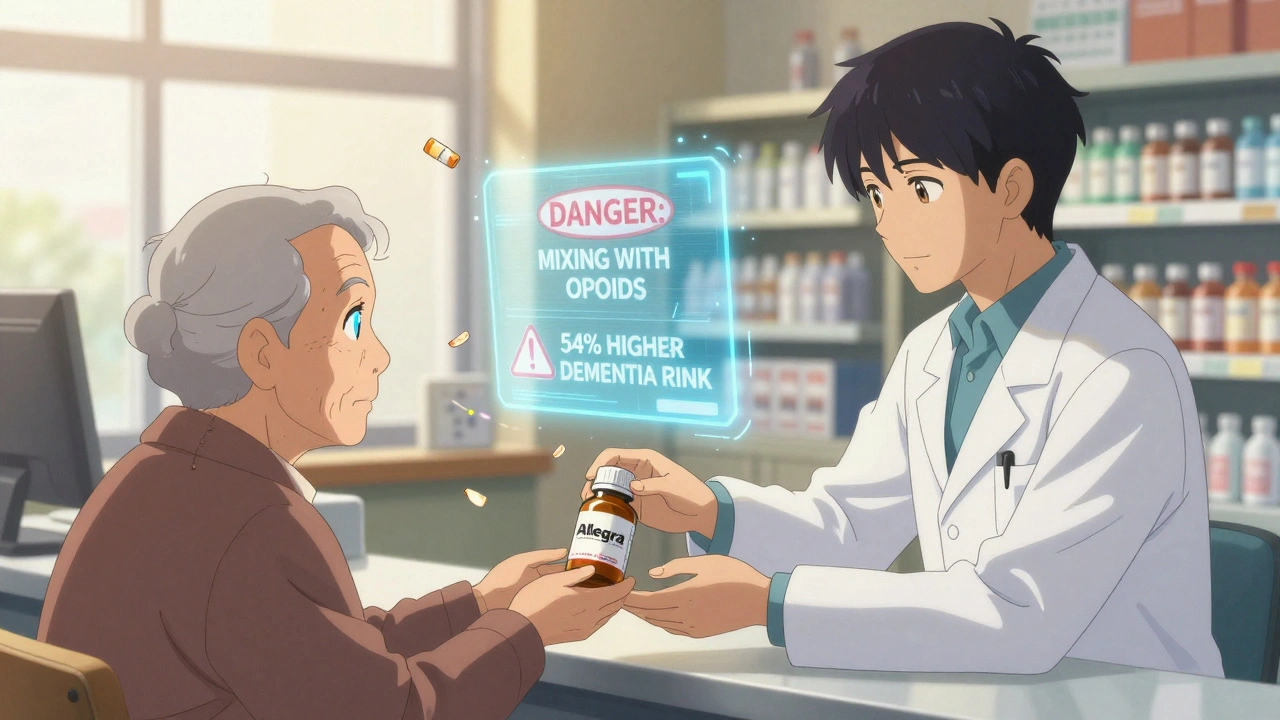 Pharmacist giving Allegra to senior, holographic safety warnings floating in background.