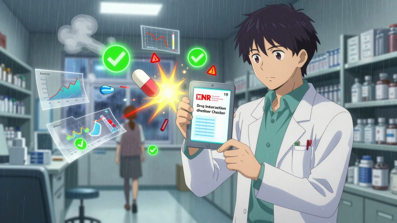 Pharmacist holding tablet with drug interaction warnings, apixaban and Paxlovid pills repelling each other in glowing symbols.