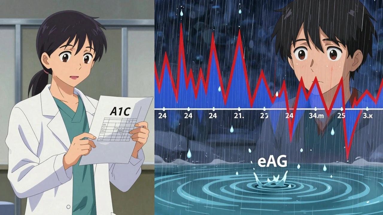 Split scene: doctor smiling at A1C number while patient&#039;s inner world shows chaotic glucose spikes and lows.