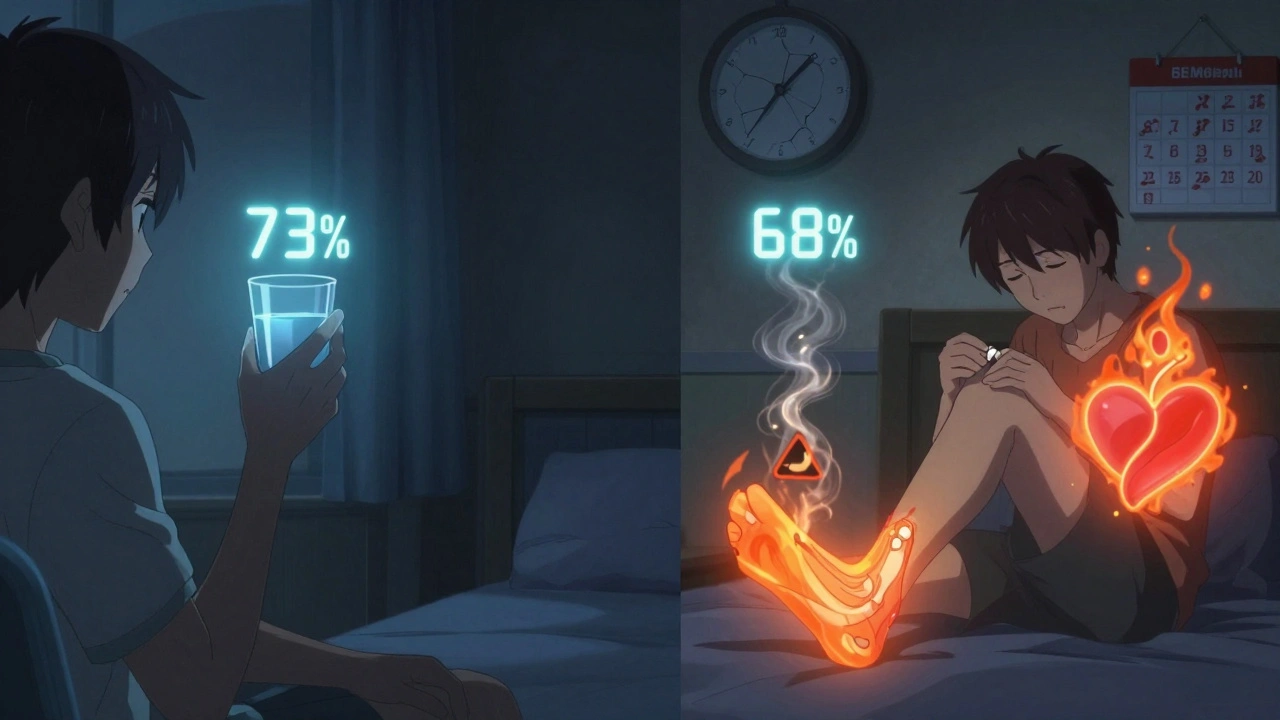 Split scene of two people taking different pain relievers with glowing effectiveness stats.