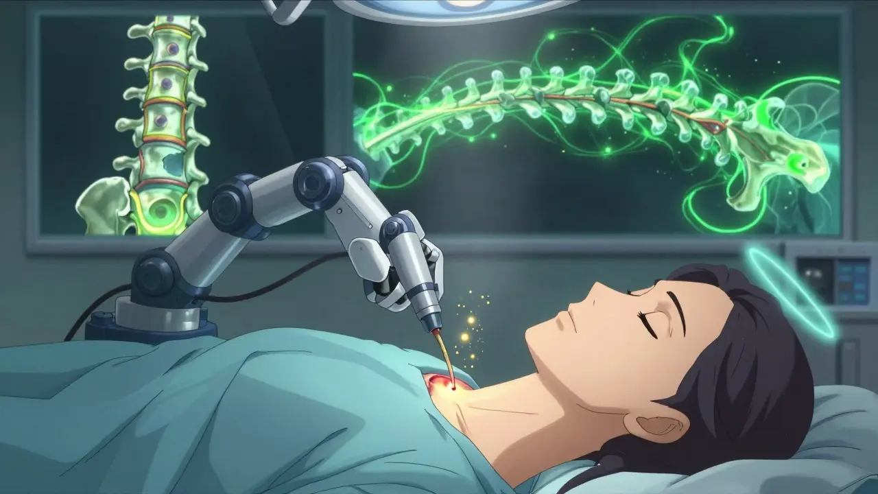 Surgical removal of a glowing adenoma, with healing bone energy spreading through the body.