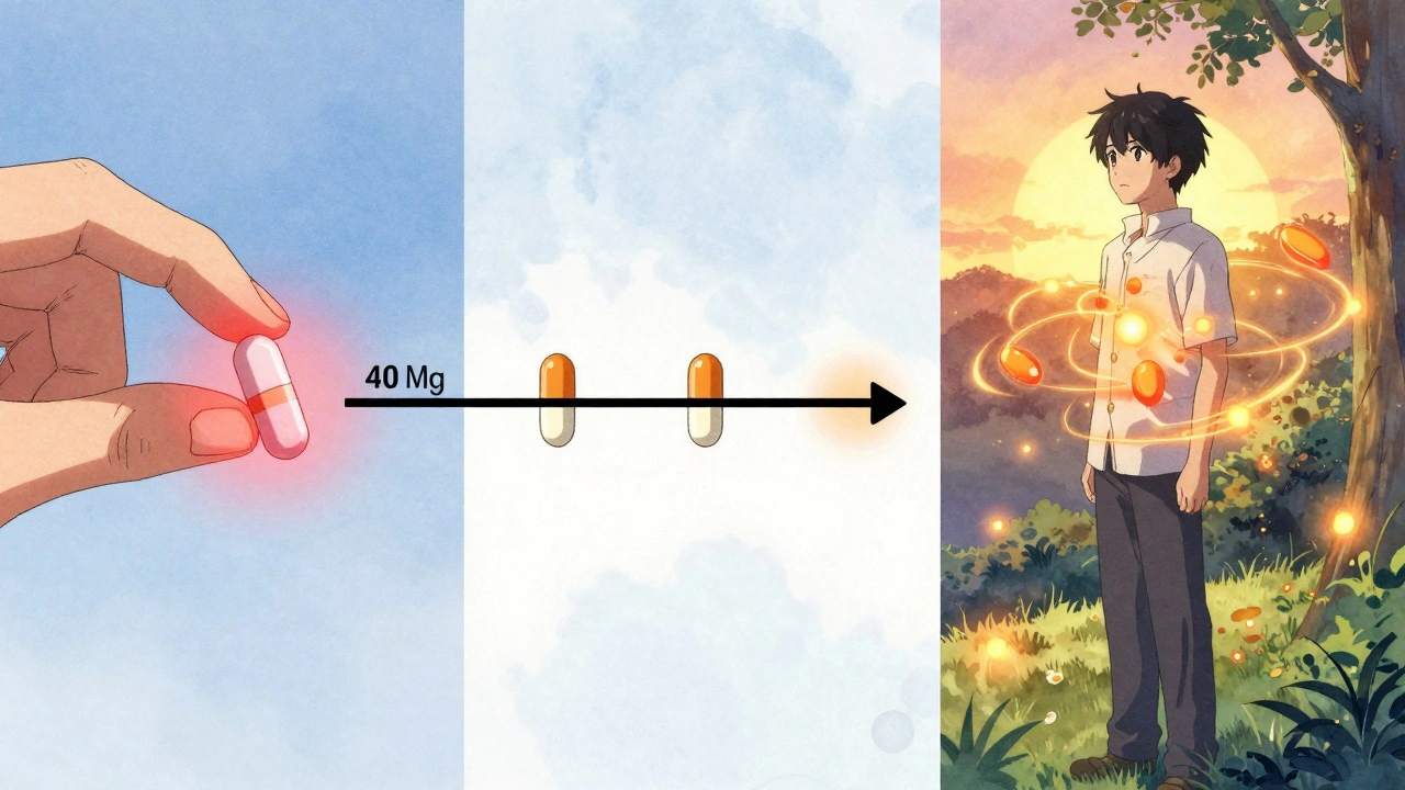 Timeline of steroid tapering with fading pills and cortisol molecules glowing around a recovering patient at sunrise.
