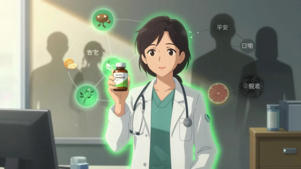 Woman in doctor’s office holding safe supplements, surrounded by a calming green aura.