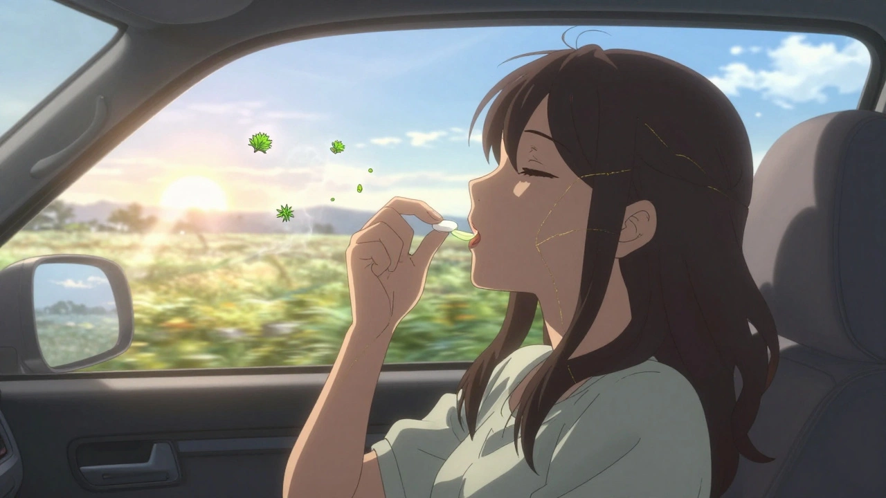 Woman taking a sublingual tablet in her car at sunrise, allergens fading into mist.