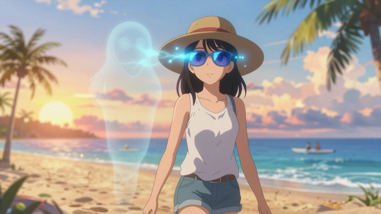 Woman walking on beach wearing protective sunglasses, fading eye growth behind her