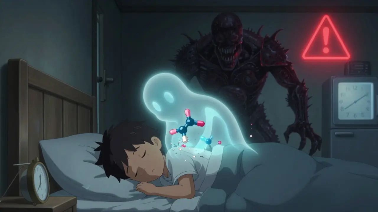 A child sleeping as antibiotic molecules break down and resistant bacteria grow.