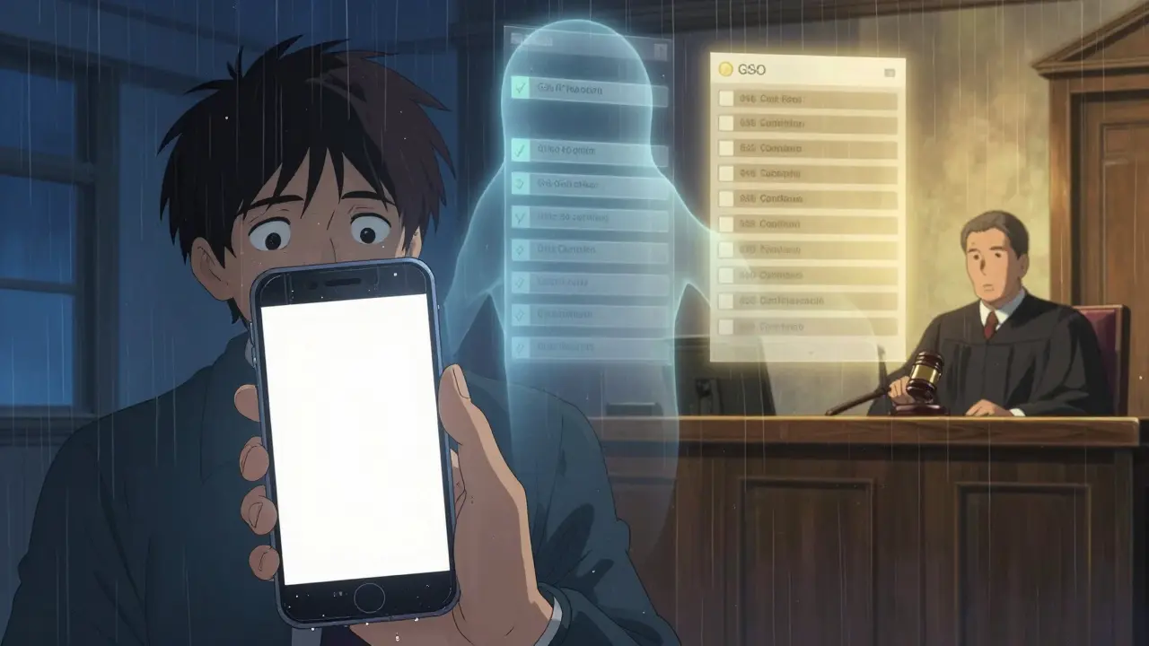 A debtor in Romania sees no notice, while a fading GSO notification hovers unseen above a UK courtroom’s automated system.