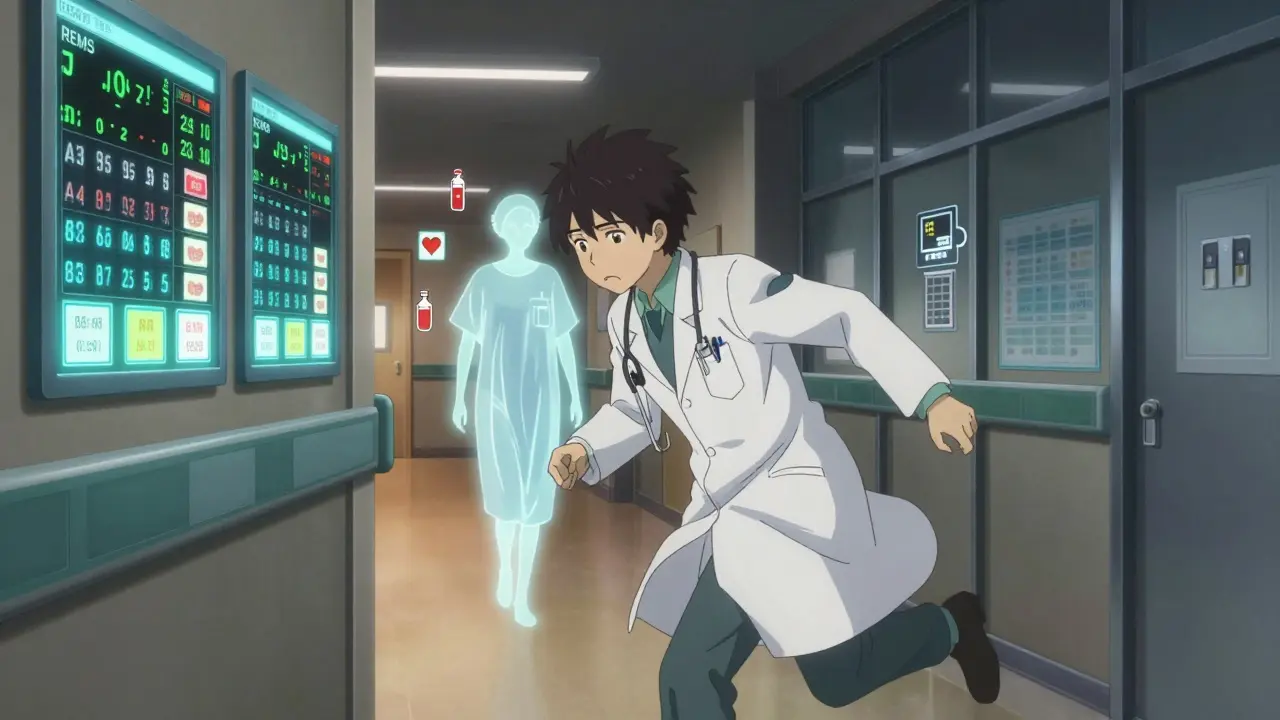 A doctor rushes past digital REMS patient registries in a hospital hallway, spectral patient figures in the background.