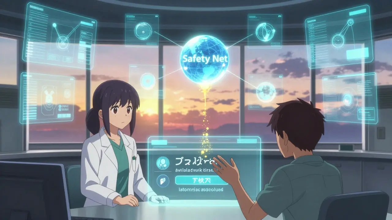 A futuristic FDA control room with holographic REMS programs, one dissolving as a pharmacist and patient connect digitally.