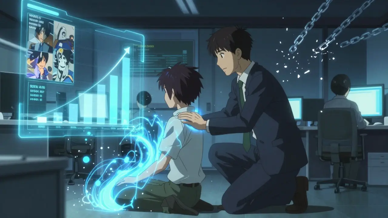 A manager and employee connected by glowing blue energy as digital chains break around them in a quiet office at night.