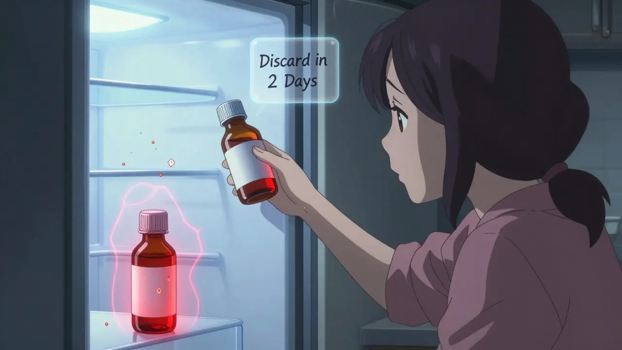 A mother placing antibiotic in fridge while another bottle degrades on counter.