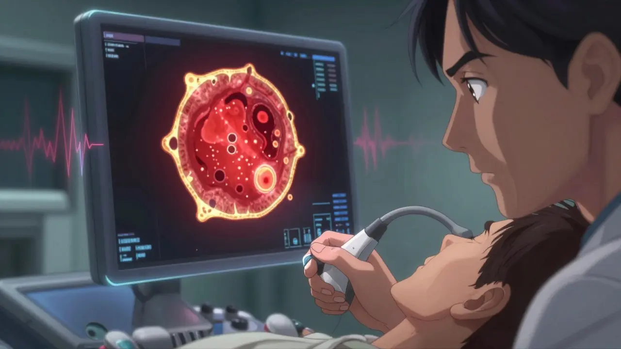 A radiologist using an ultrasound probe with a holographic nodule showing microcalcifications and irregular borders.