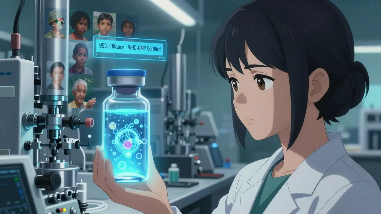 A scientist in a cleanroom holding a glowing biosimilar vial, reflections showing patients worldwide.