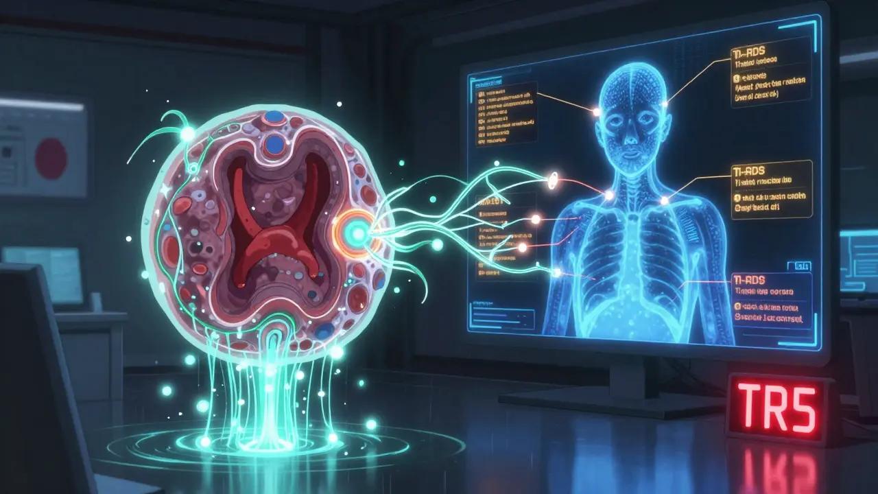 An AI system analyzing a thyroid nodule with glowing data streams and a red TR5 alert in a cyberpunk medical interface.