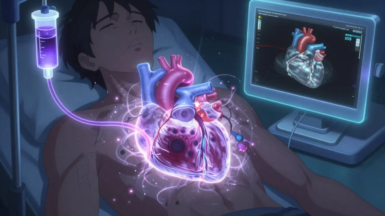 Chemical stress test with glowing energy spreading through the heart muscle.