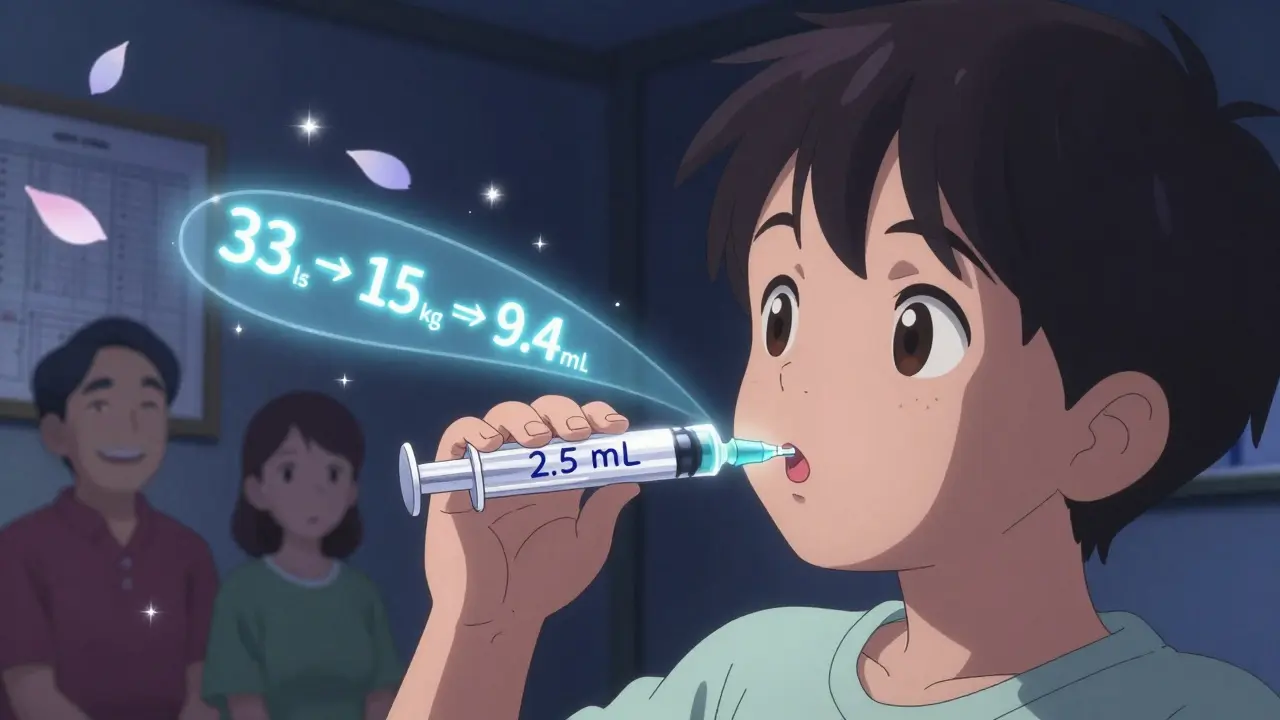 Child self-administering medicine from a syringe marked with '2.5 mL', glowing conversion numbers floating nearby.