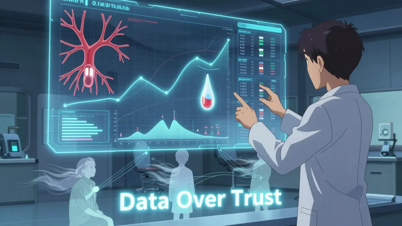 Clinician controlling a holographic TDM dashboard with patient blood curves and glowing connections.