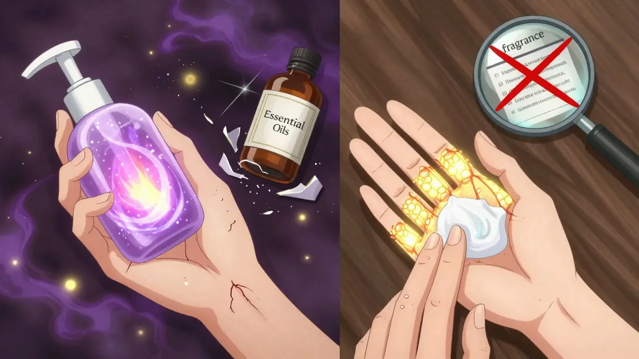 Contrasting hands: one reacting to fragrance with inflamed skin, the other healing with ceramide-enhanced barrier repair.