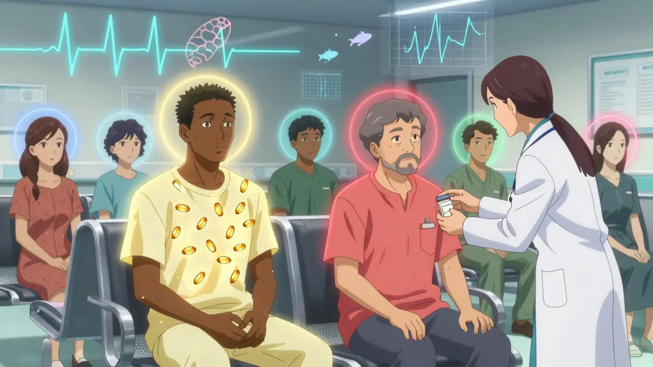 Diverse patients in a hospital waiting room, each with colored auras representing their heart health and omega-3 response.