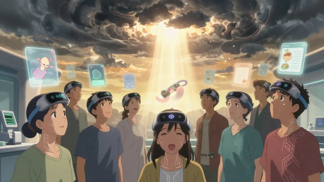 Diverse patients using wearable devices as light dispels a migraine storm.