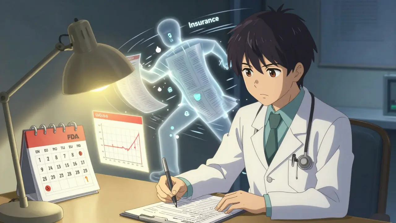 Doctor writing medical letter surrounded by floating lab data and FDA warnings, insurance figure being pushed back.